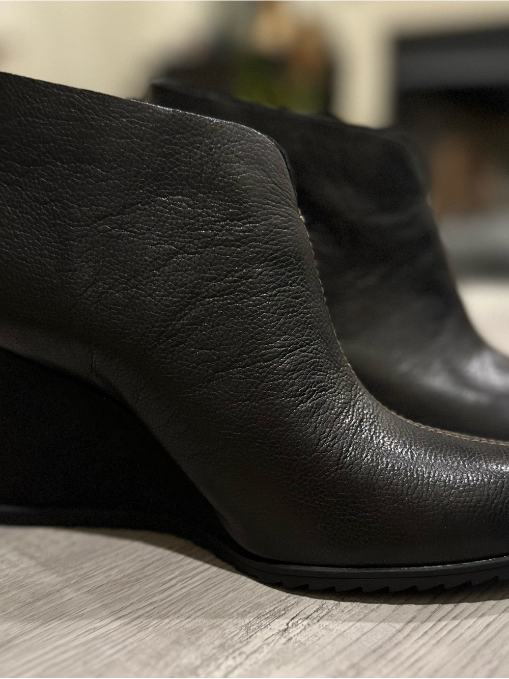 Kork-Ease Black Leather Ankle Wedge Booties